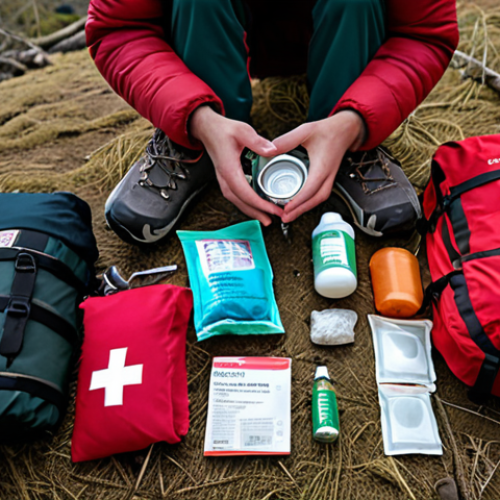 Home 14 **
A hiker meticulously packing a backpack with essential supplies, including a first-aid kit, extra warm/waterproof clothes, and a headlamp. Focus on the preparedness aspect and the variety of items.
**
