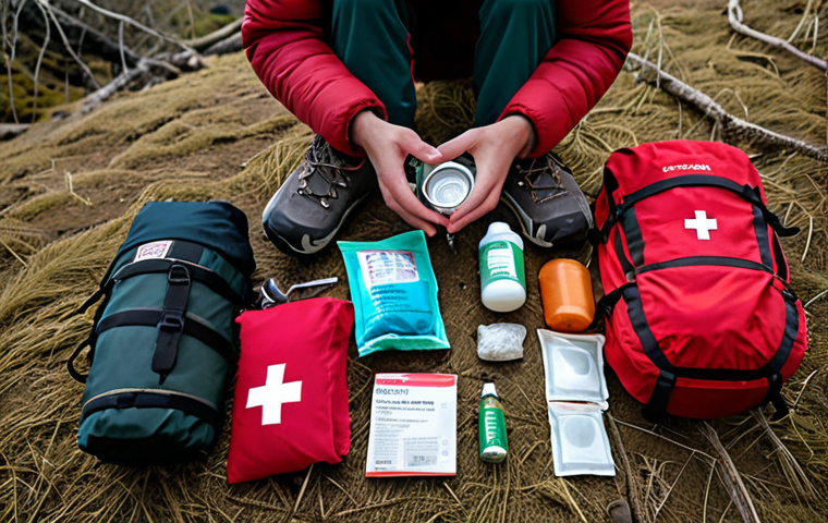 **
A hiker meticulously packing a backpack with essential supplies, including a first-aid kit, extra warm/waterproof clothes, and a headlamp. Focus on the preparedness aspect and the variety of items.
**