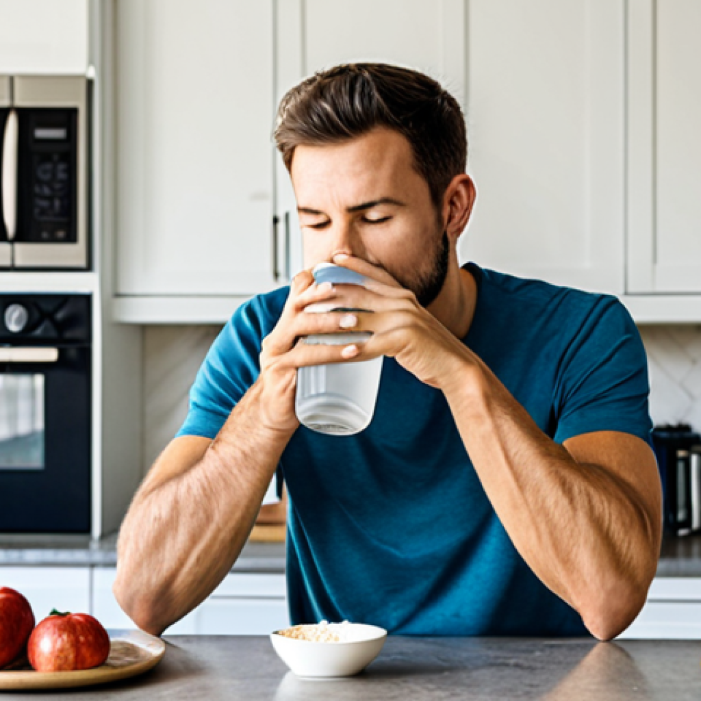 A calm individual in professional hiking attire, sitting at a clean kitchen counter, sipping water from a reusable bottle and eating a light, healthy breakfast of oats. The scene is bright and airy, reflecting a sense of mindful preparation before a mountain hike. Fully clothed, modest clothing, appropriate attire, professional dress, perfect anatomy, correct proportions, natural pose, well-formed hands, proper finger count, natural body proportions, safe for work, appropriate content, family-friendly, high quality photography, serene atmosphere.