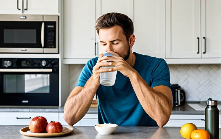 A calm individual in professional hiking attire, sitting at a clean kitchen counter, sipping water from a reusable bottle and eating a light, healthy breakfast of oats. The scene is bright and airy, reflecting a sense of mindful preparation before a mountain hike. Fully clothed, modest clothing, appropriate attire, professional dress, perfect anatomy, correct proportions, natural pose, well-formed hands, proper finger count, natural body proportions, safe for work, appropriate content, family-friendly, high quality photography, serene atmosphere.